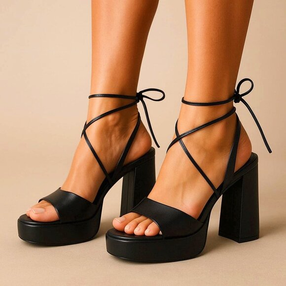 ZARA Black Platform Block Heel Sandals with Ankle Strap - Picture 1 of 2